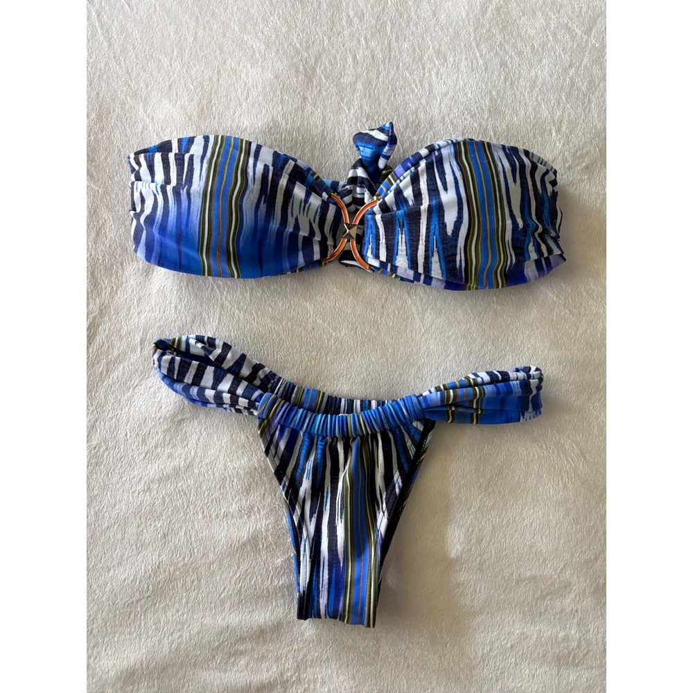 Cia Maritima Blue Ikat Stripe Bandeau Brazilian Bikini Set Size Medium